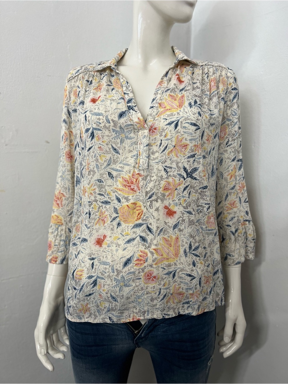 ba&sh Cream Floral V-Neck Puff Sleeve Blouse with Blue Leaves